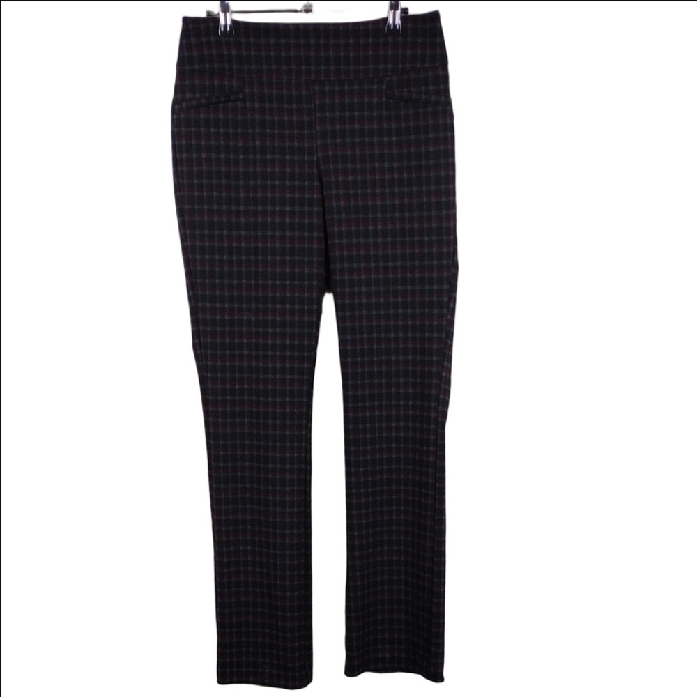 7th Avenue Black Charcoal Plaid Check Mid Rise Straight Leg Pull On Casual Pant